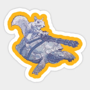 Squirrel Commando: Ride into Action with our Graphic Design featuring a Squirrel on a Turtle Armed with a Minigun! Quirky Adventure Unleashed Sticker